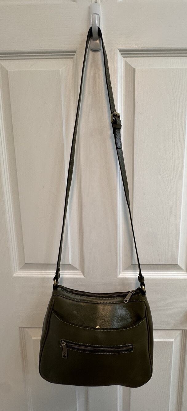 Patricia Nash Olive Green Crossbody Shoulder Strap Bag Top Zip Pockets Side Slit